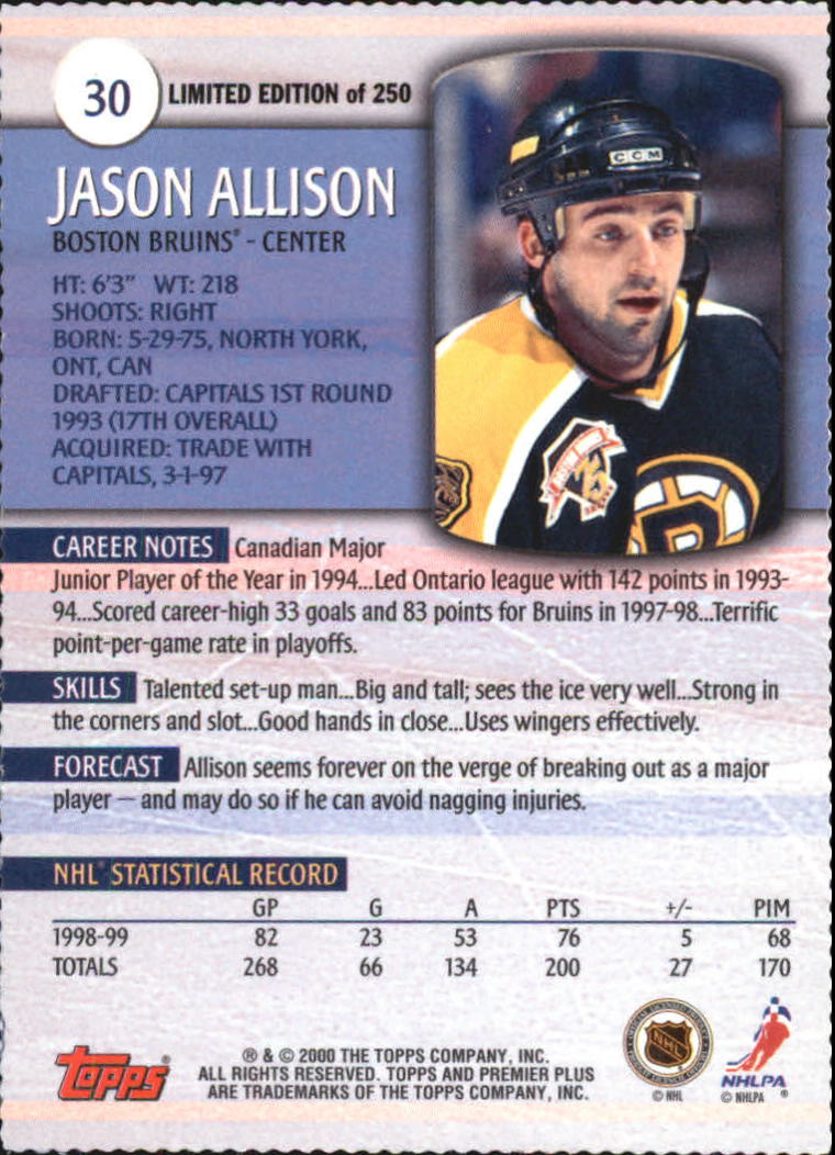 1999-00 Topps Premier Plus Foil Parallel #30 Jason Allison back image