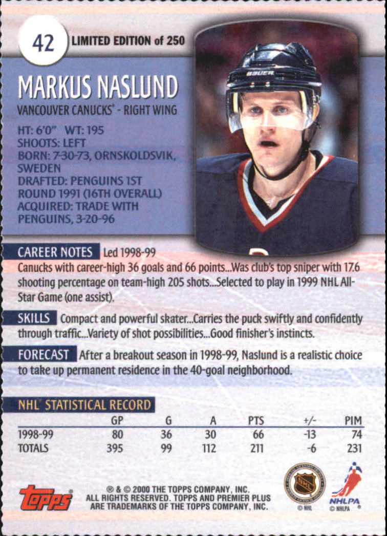 1999-00 Topps Premier Plus Foil Parallel #42 Markus Naslund back image