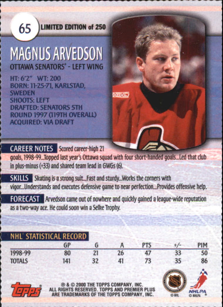 1999-00 Topps Premier Plus Foil Parallel #65 Magnus Arvedson back image
