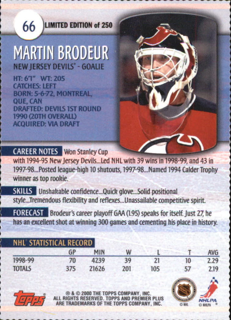 1999-00 Topps Premier Plus Foil Parallel #66 Martin Brodeur back image
