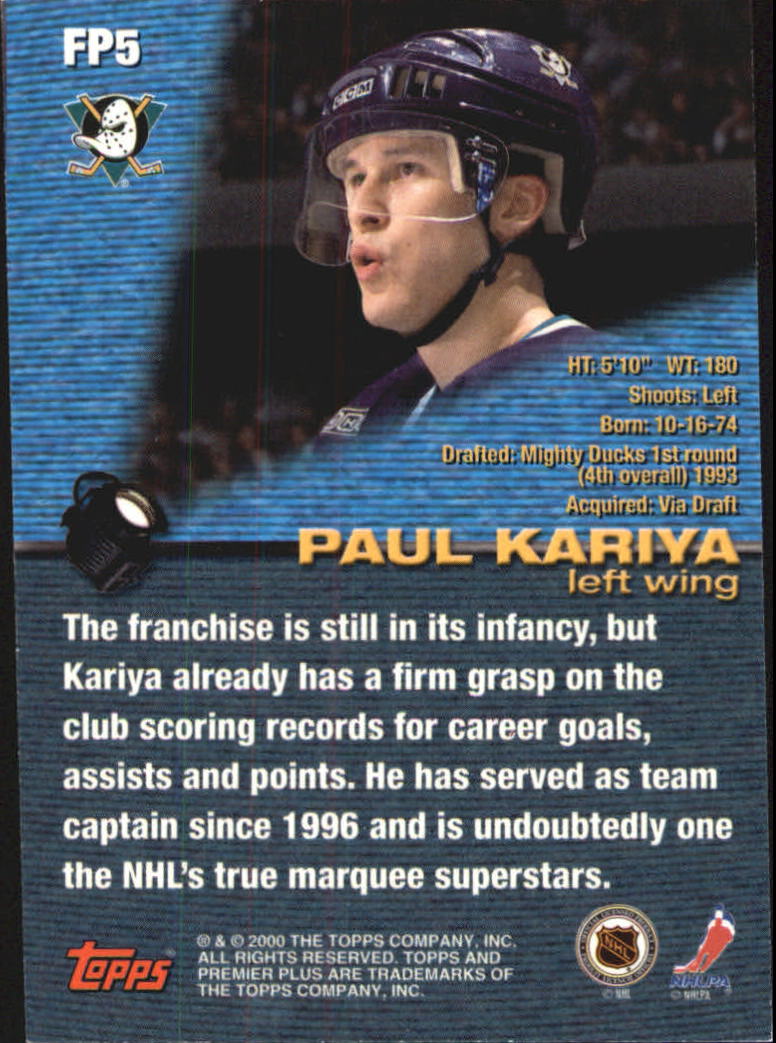 1999-00 Topps Premier Plus Feature Presentations #FP5 Paul Kariya back image