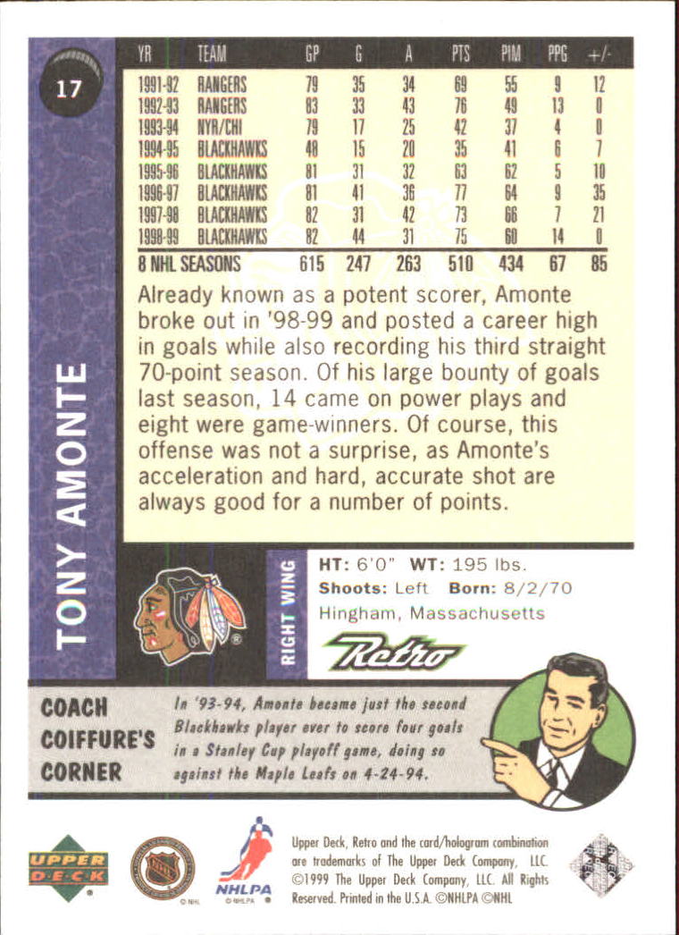1999-00 Upper Deck Retro #17 Tony Amonte back image