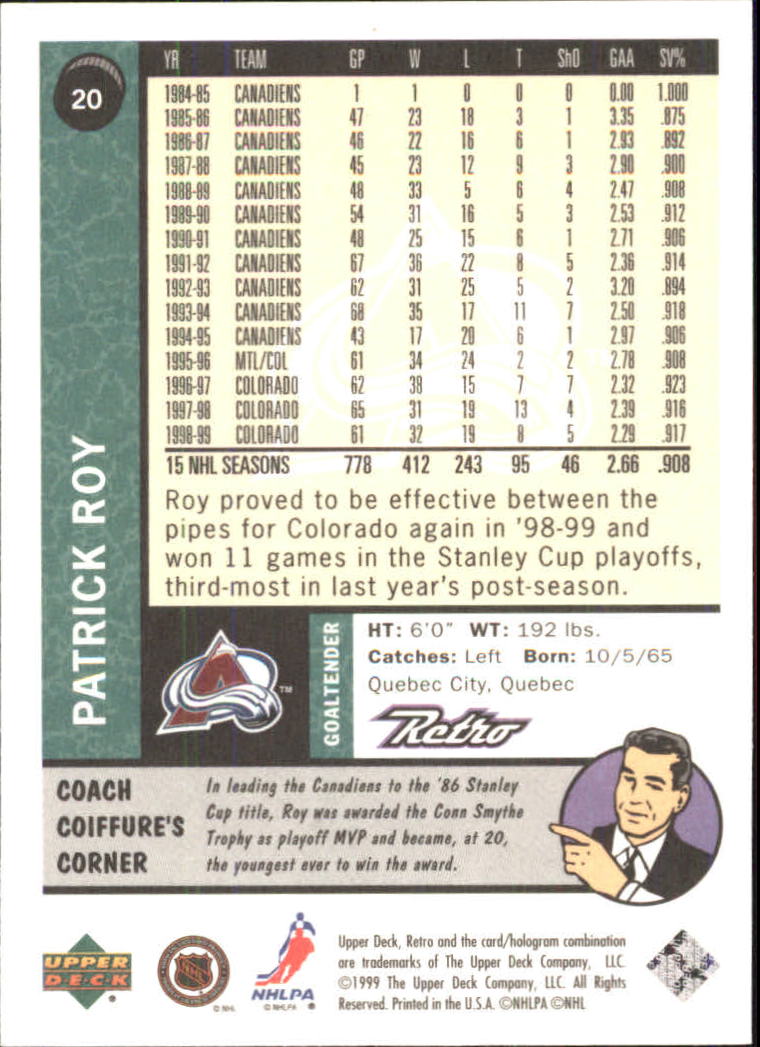 1999-00 Upper Deck Retro #20 Patrick Roy back image