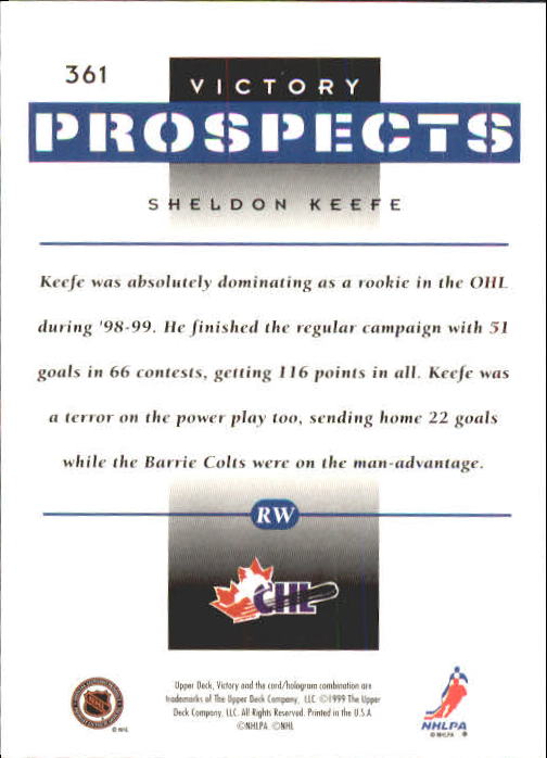 1999-00 Upper Deck Victory #361 Sheldon Keefe RC back image