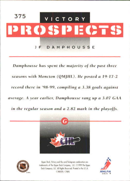 1999-00 Upper Deck Victory #375 J.F. Damphousse RC back image