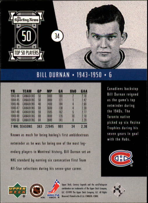 1999-00 Upper Deck Century Legends #34 Bill Durnan back image