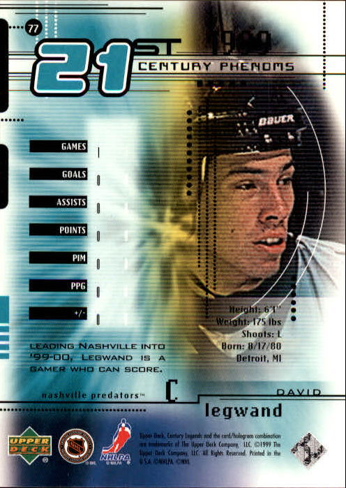 1999-00 Upper Deck Century Legends #77 David Legwand back image