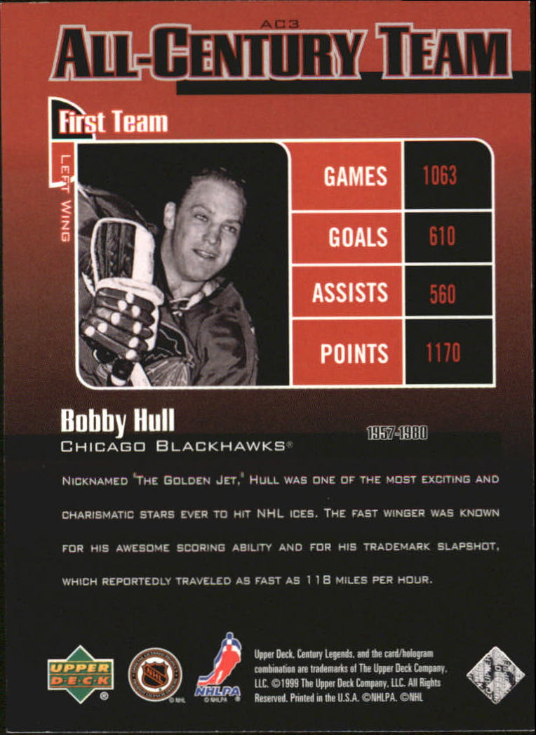 1999-00 Upper Deck Century Legends All Century Team #AC3 Bobby Hull back image