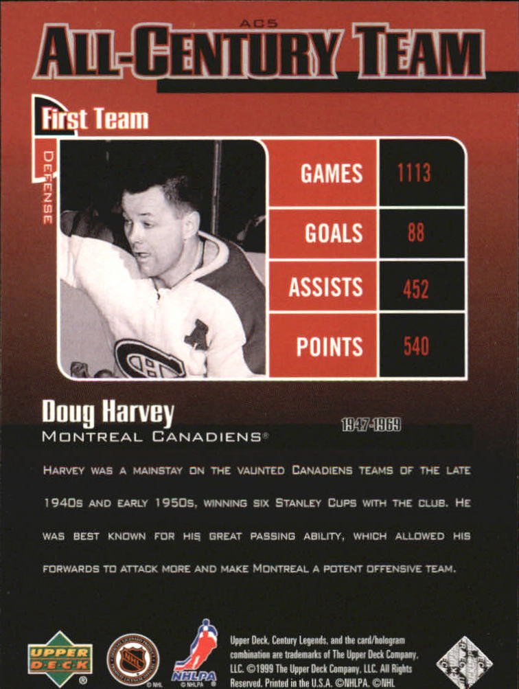1999-00 Upper Deck Century Legends All Century Team #AC5 Doug Harvey back image