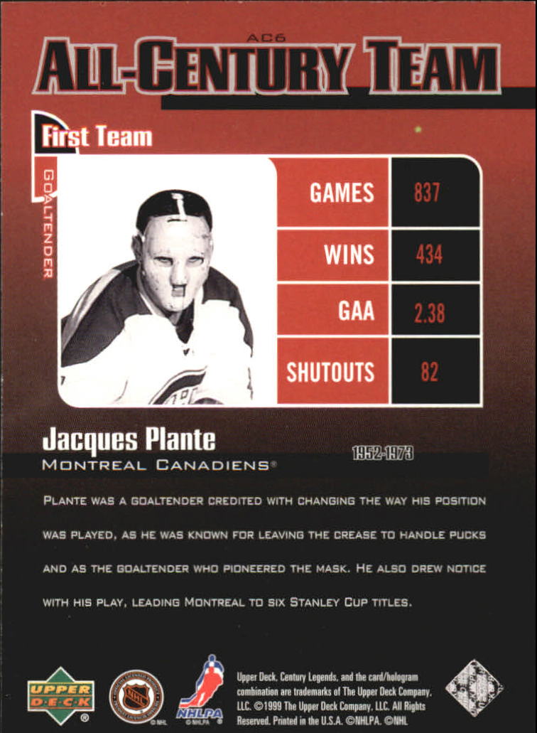 1999-00 Upper Deck Century Legends All Century Team #AC6 Jacques Plante back image