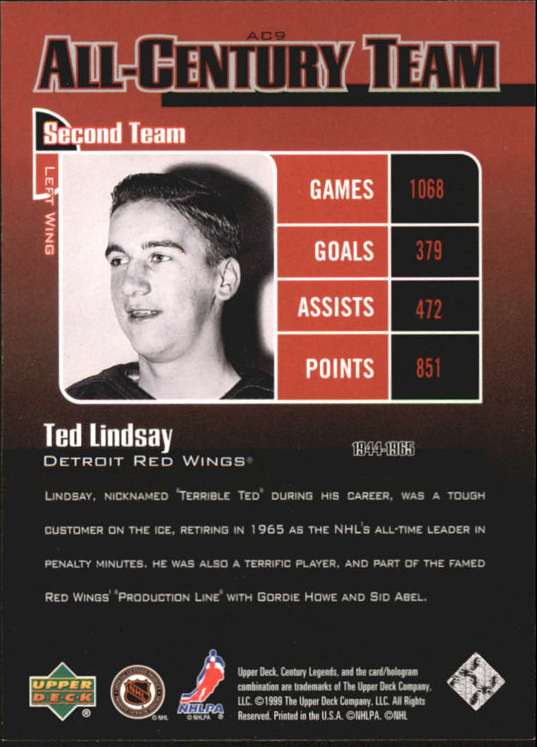 1999-00 Upper Deck Century Legends All Century Team #AC9 Ted Lindsay back image