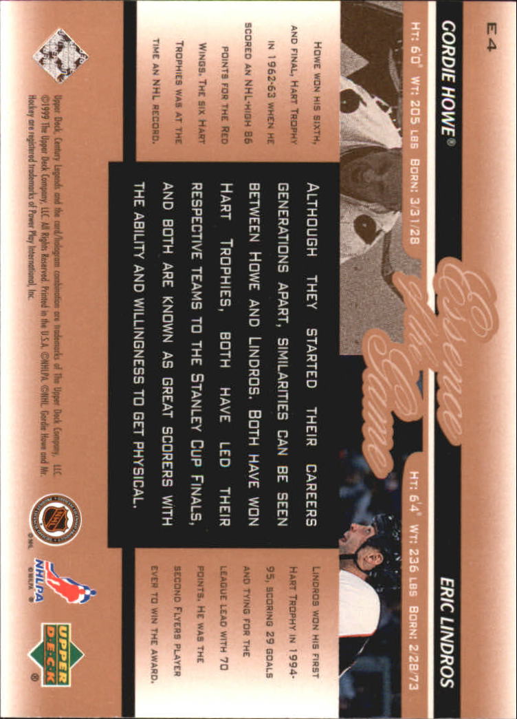 1999-00 Upper Deck Century Legends Essence of the Game #E4 Gordie Howe/Eric Lindros back image