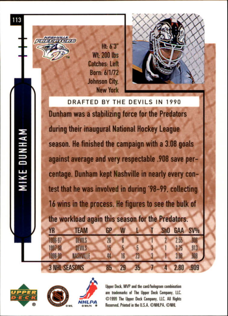 1999-00 Upper Deck MVP #113 Mike Dunham back image