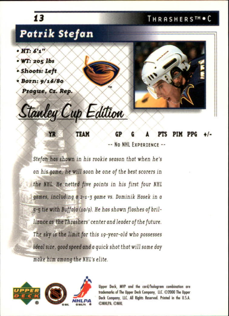 1999-00 Upper Deck MVP SC Edition #13 Patrik Stefan RC back image