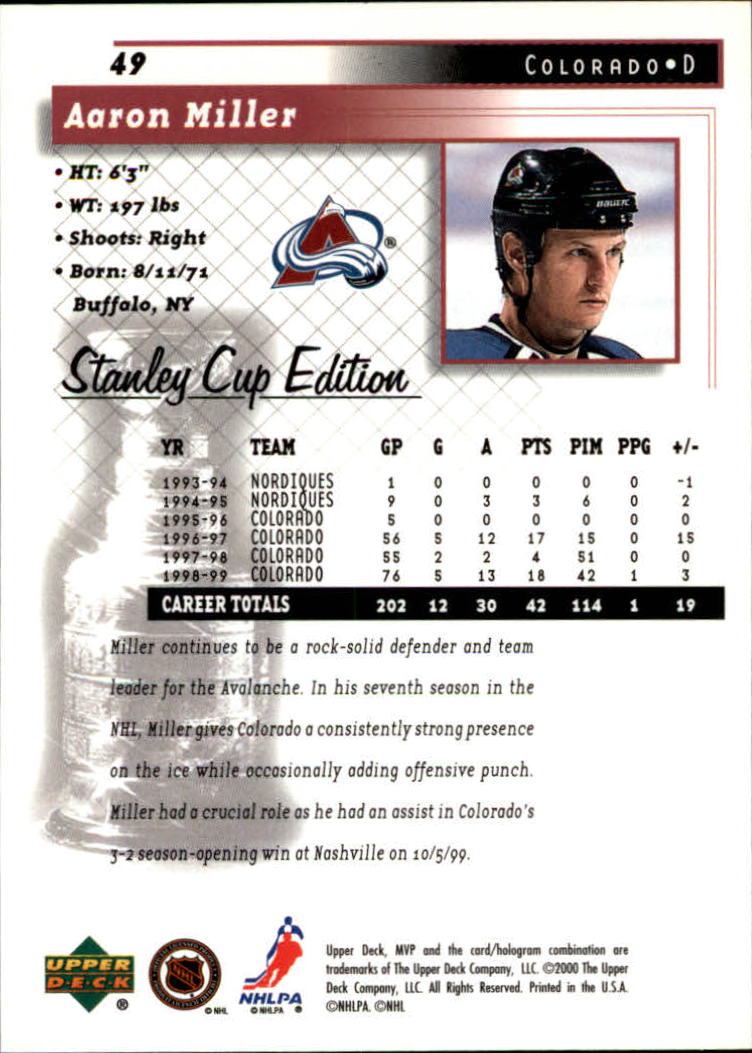 1999-00 Upper Deck MVP SC Edition #49 Aaron Miller back image