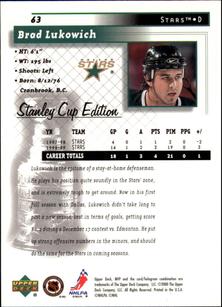 1999-00 Upper Deck MVP SC Edition #63 Brad Lukowich RC back image