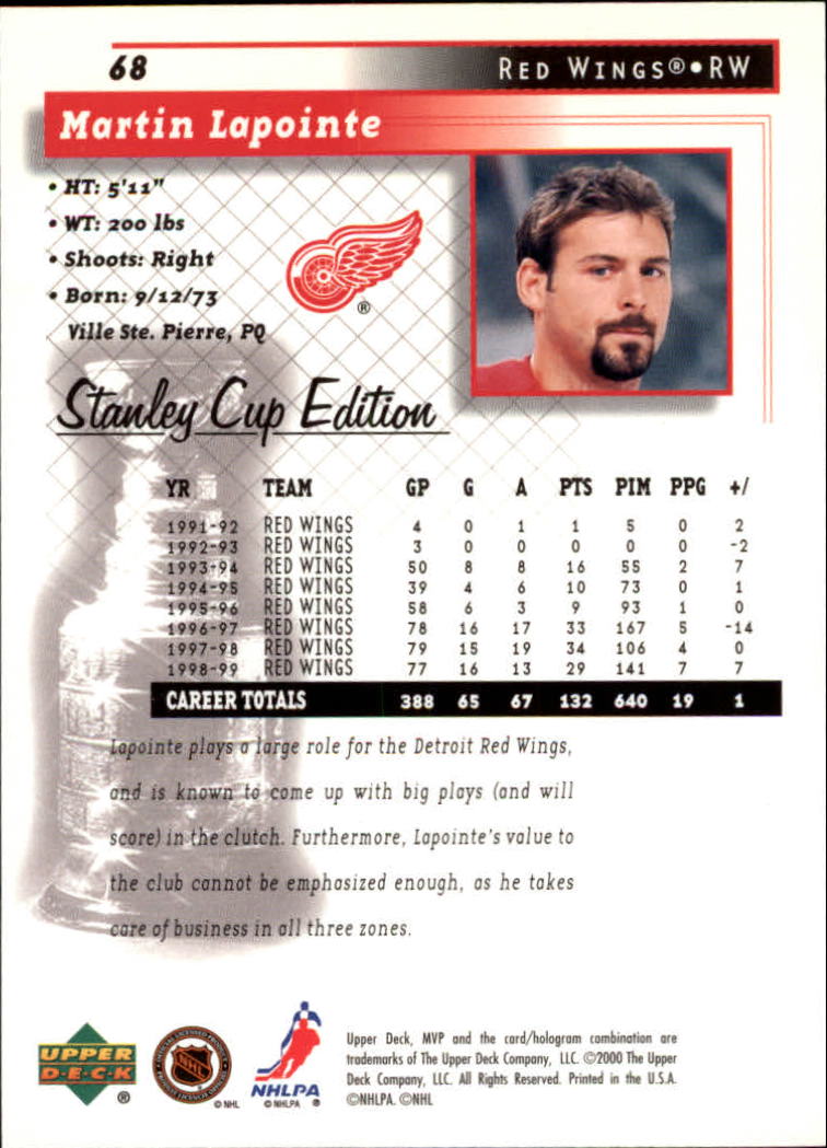 1999-00 Upper Deck MVP SC Edition #68 Martin Lapointe - NM-MT - Ziggy's  Eastpointe Sportscards