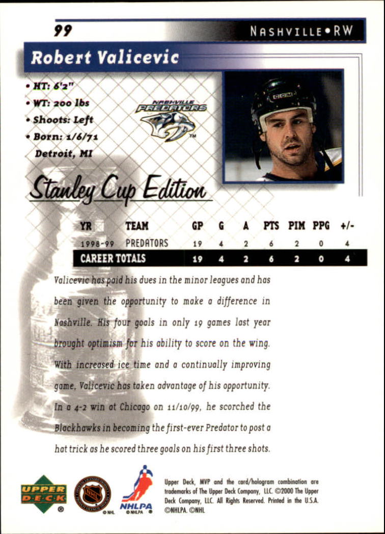 1999-00 Upper Deck MVP SC Edition #99 Rob Valicevic RC back image