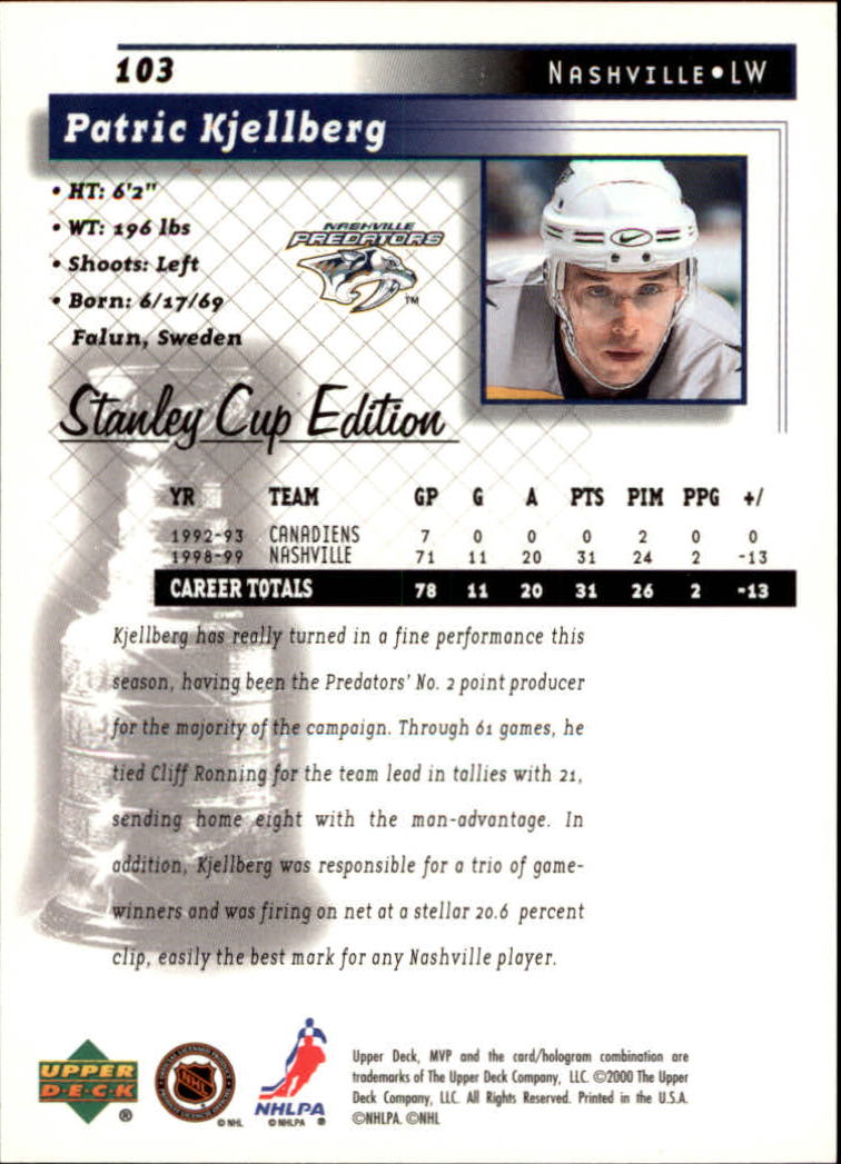 1999-00 Upper Deck MVP SC Edition #103 Patric Kjellberg back image