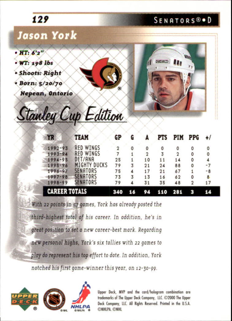 1999-00 Upper Deck MVP SC Edition #129 Jason York back image