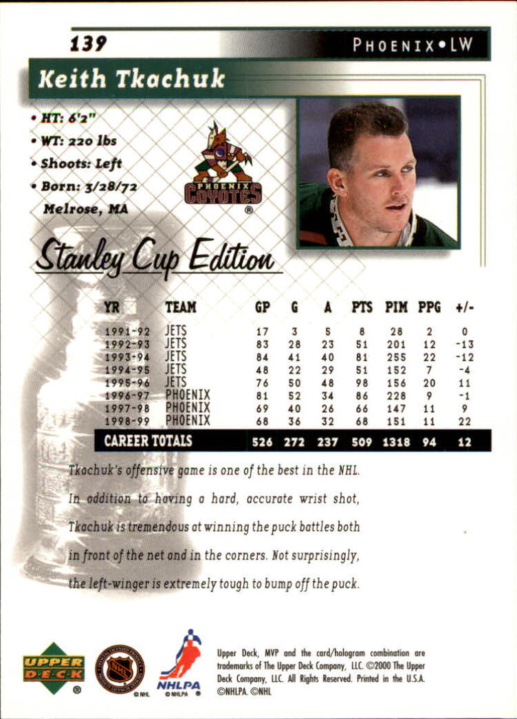 1999-00 Upper Deck MVP SC Edition #139 Keith Tkachuk back image