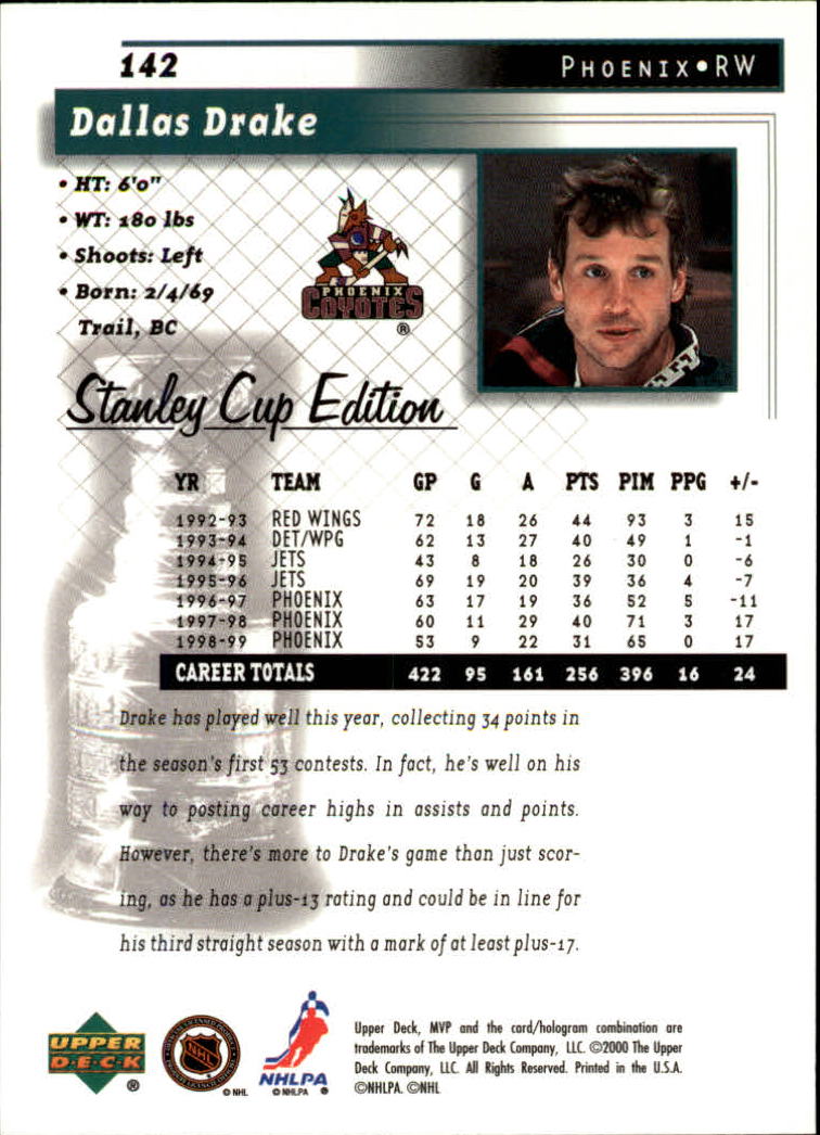 1999-00 Upper Deck MVP SC Edition #142 Dallas Drake back image