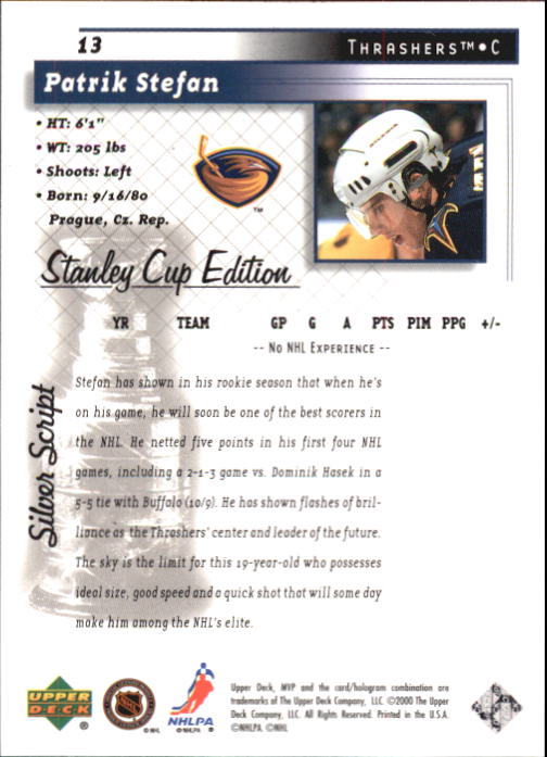 1999-00 Upper Deck MVP SC Edition Silver Script #13 Patrik Stefan back image
