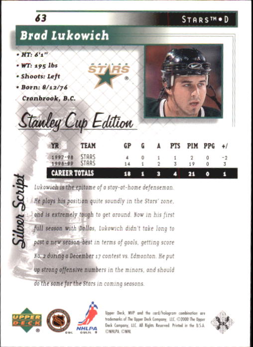1999-00 Upper Deck MVP SC Edition Silver Script #63 Brad Lukowich back image