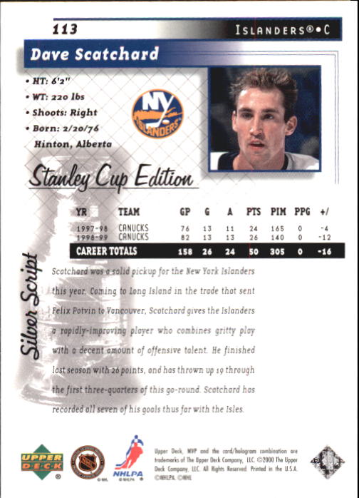 1999-00 Upper Deck MVP SC Edition Silver Script #113 Dave Scatchard back image