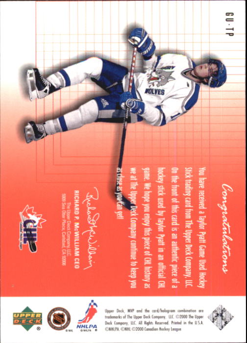 1999-00 Upper Deck MVP SC Edition Game-Used Souvenirs #GUTP Taylor Pyatt back image