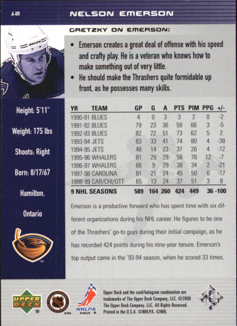 1999-00 Wayne Gretzky Hockey #12 Nelson Emerson back image