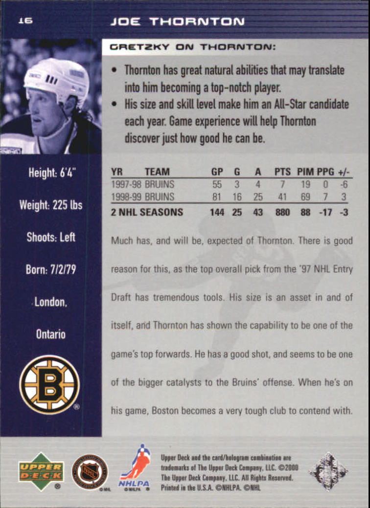 1999-00 Wayne Gretzky Hockey #16 Joe Thornton back image