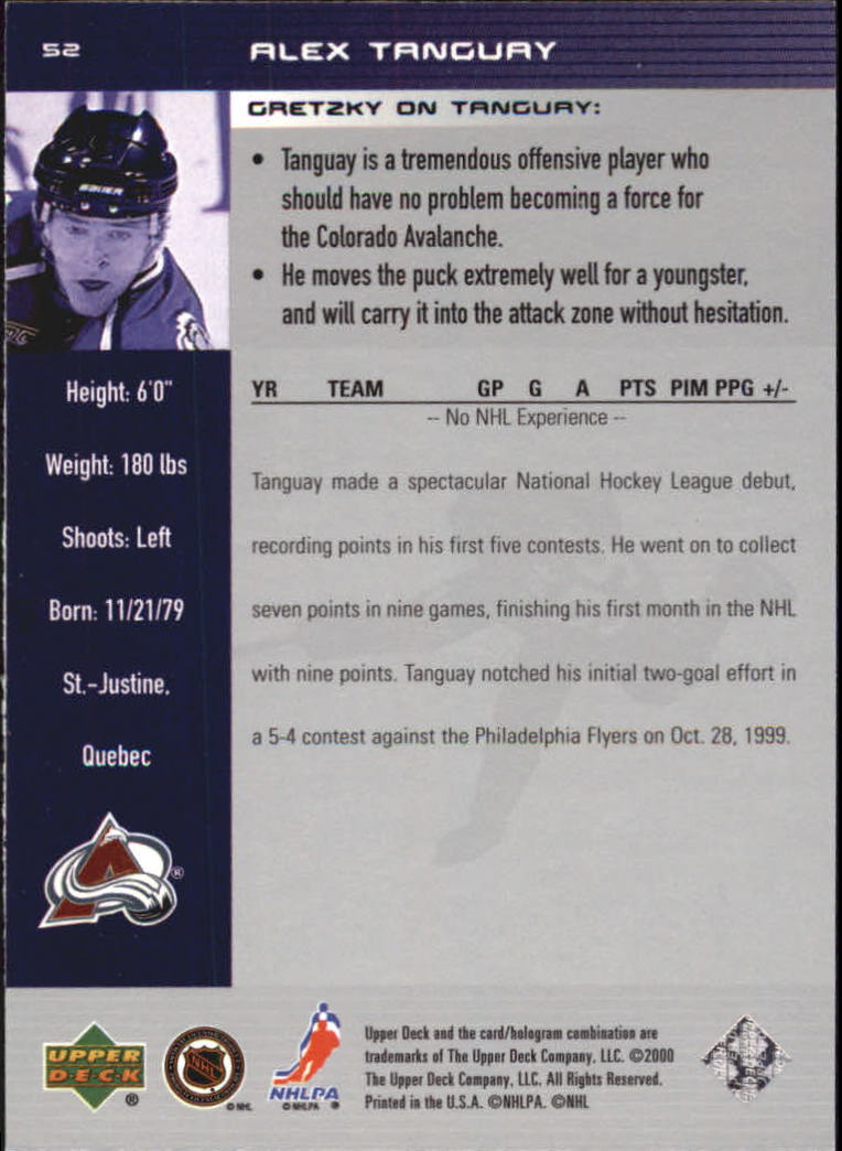 1999-00 Wayne Gretzky Hockey #52 Alex Tanguay back image