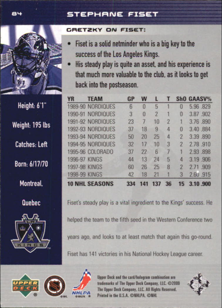 1999-00 Wayne Gretzky Hockey #84 Stephane Fiset back image