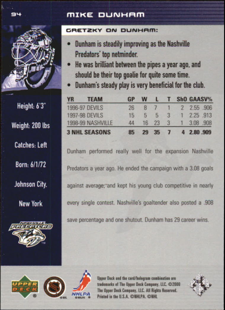 1999-00 Wayne Gretzky Hockey #94 Mike Dunham back image