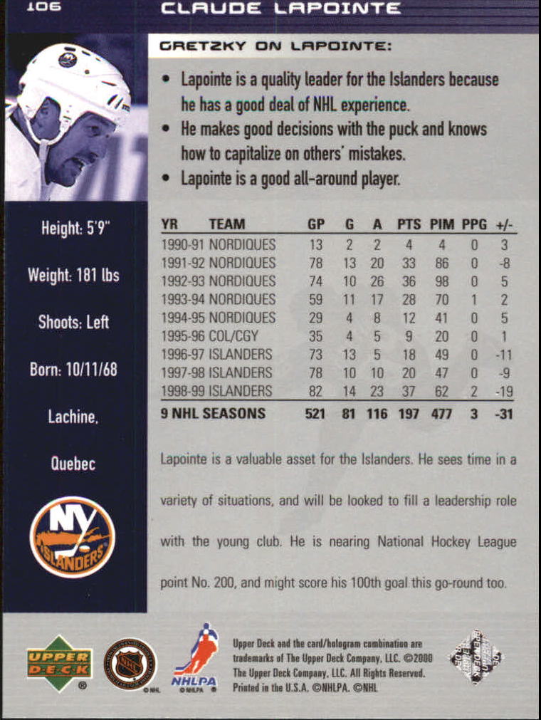 1999-00 Wayne Gretzky Hockey #106 Claude Lapointe back image