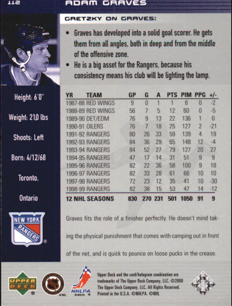 1999-00 Wayne Gretzky Hockey #112 Adam Graves back image