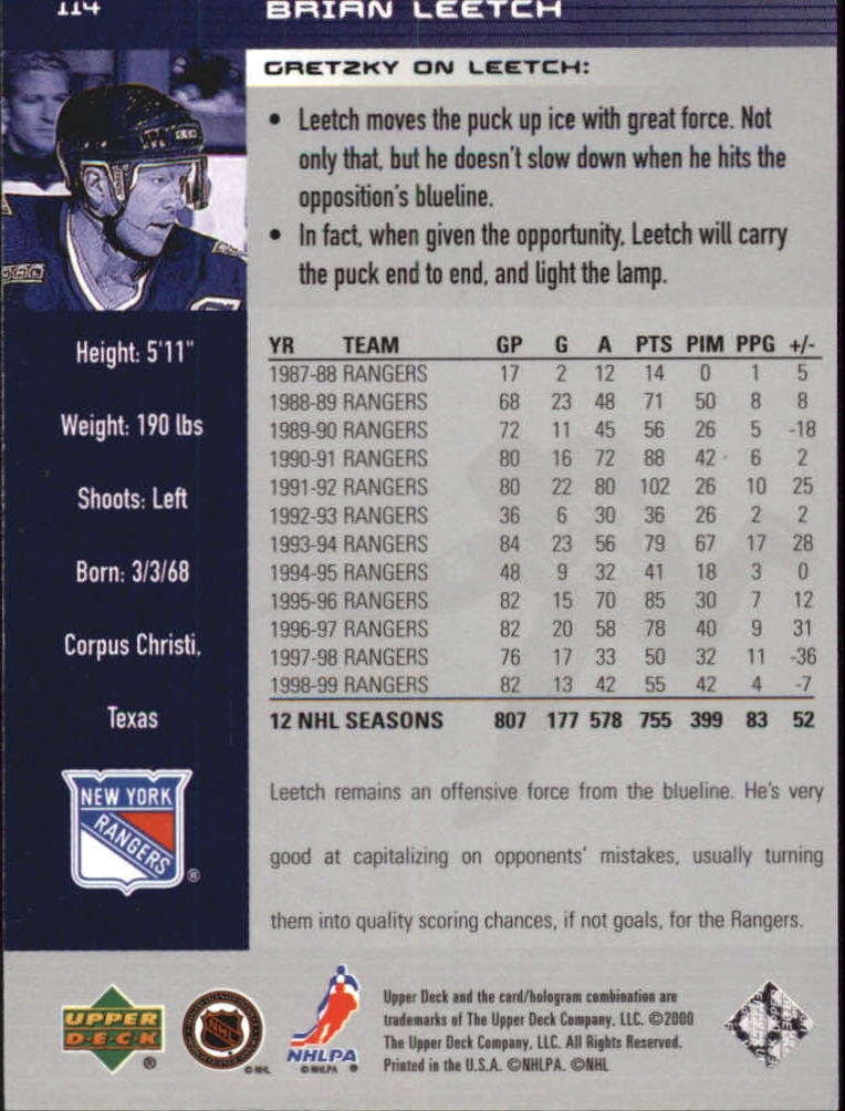 1999-00 Wayne Gretzky Hockey #114 Brian Leetch back image