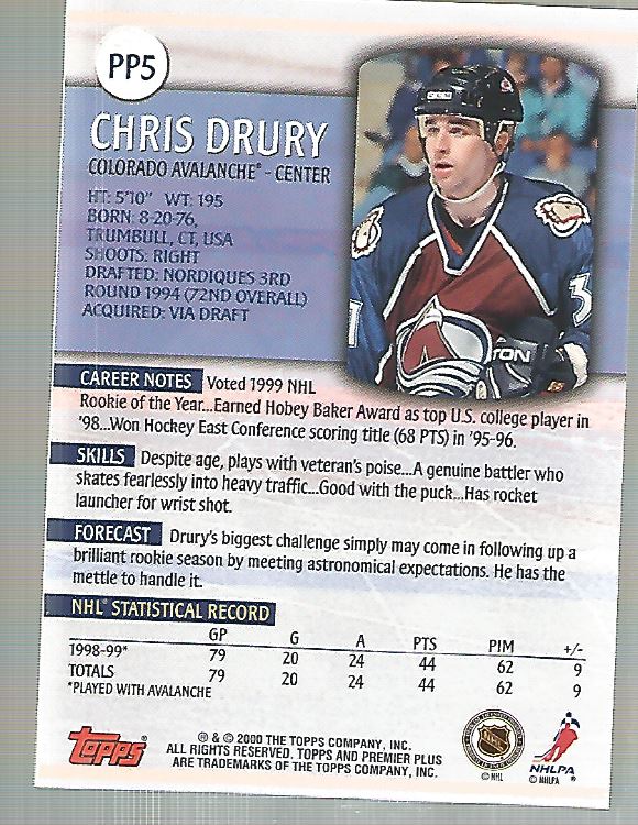 1999-00 Topps Premier Plus Promos #PP5 Chris Drury back image