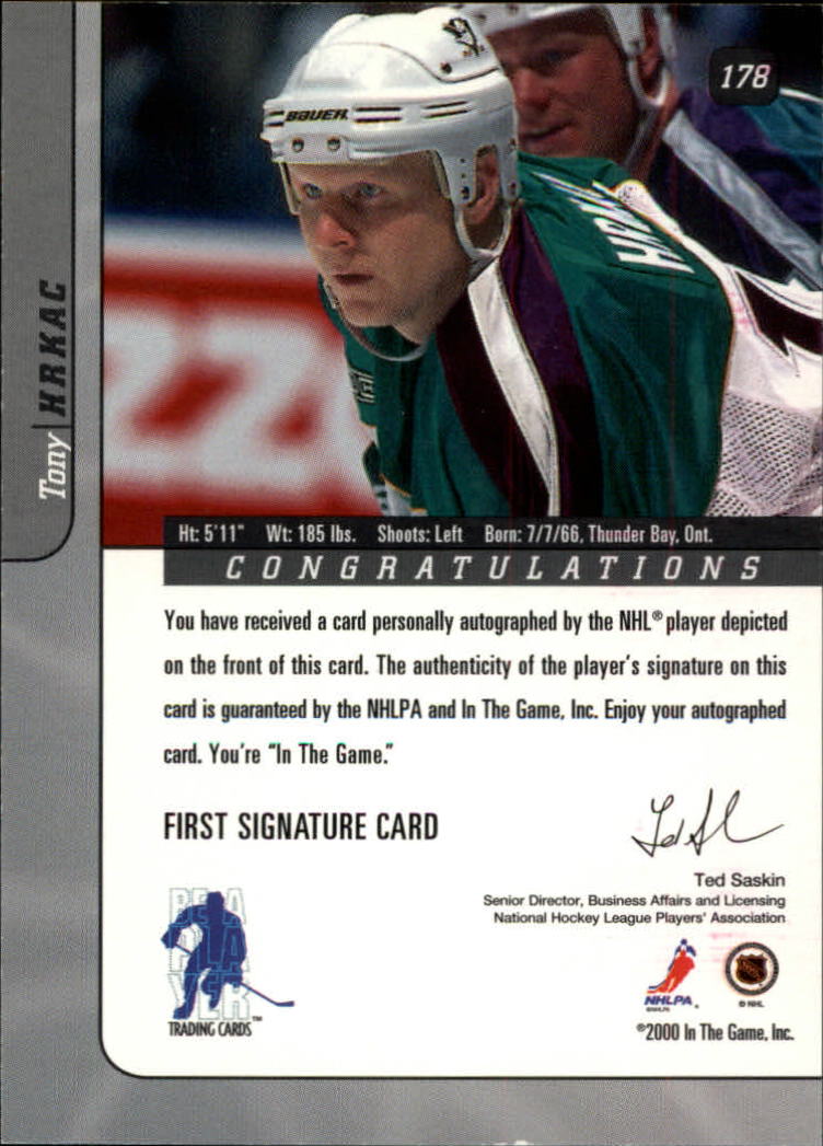 2000-01 BAP Signature Series Autographs #178 Tony Hrkac back image