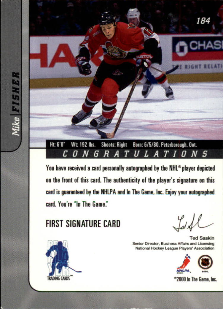 2000-01 BAP Signature Series Autographs #184 Mike Fisher back image