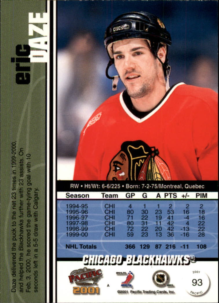 2000-01 Pacific Ice Blue #93 Eric Daze back image