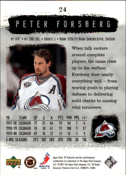 2000-01 SP Authentic #24 Peter Forsberg back image