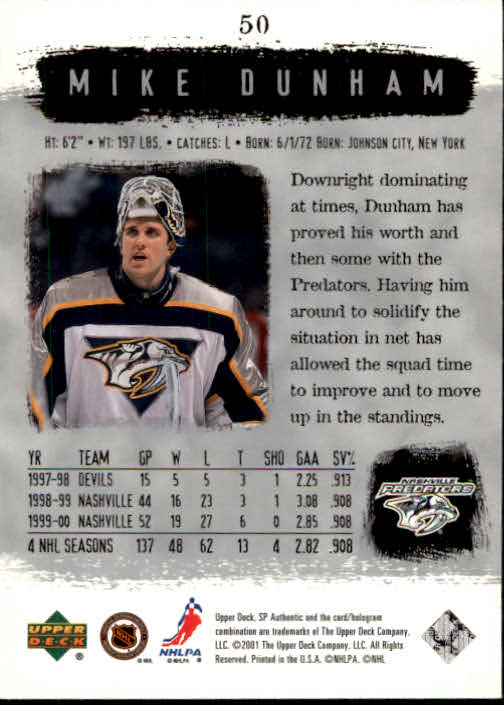 2000-01 SP Authentic #50 Mike Dunham back image