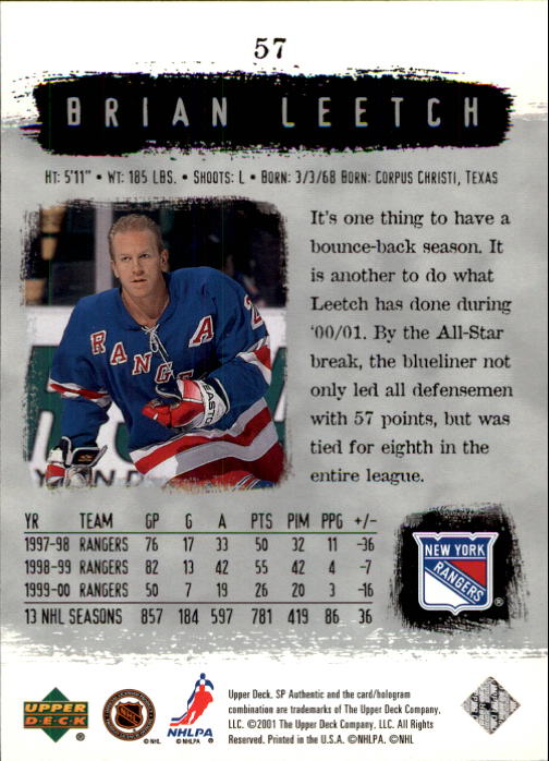2000-01 SP Authentic #57 Brian Leetch back image
