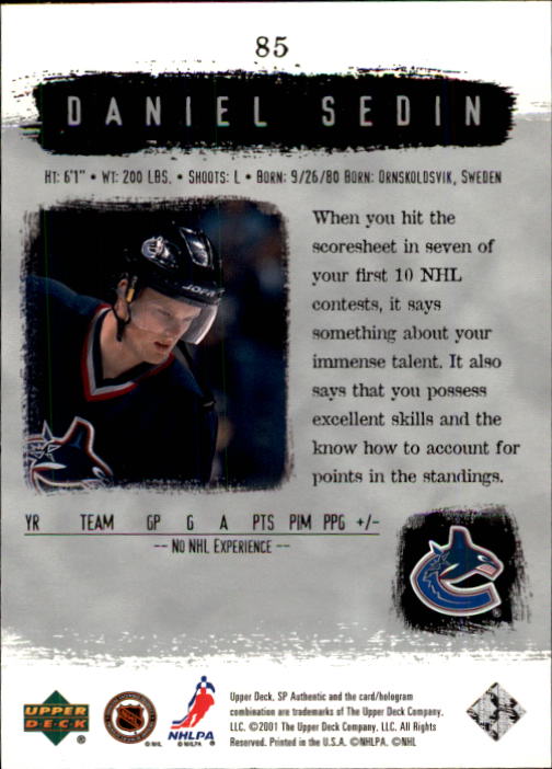 2000-01 SP Authentic #85 Daniel Sedin back image