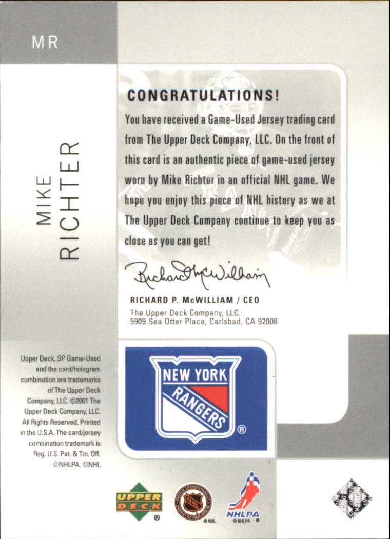 2000-01 SP Game Used Tools of the Game #MR Mike Richter back image