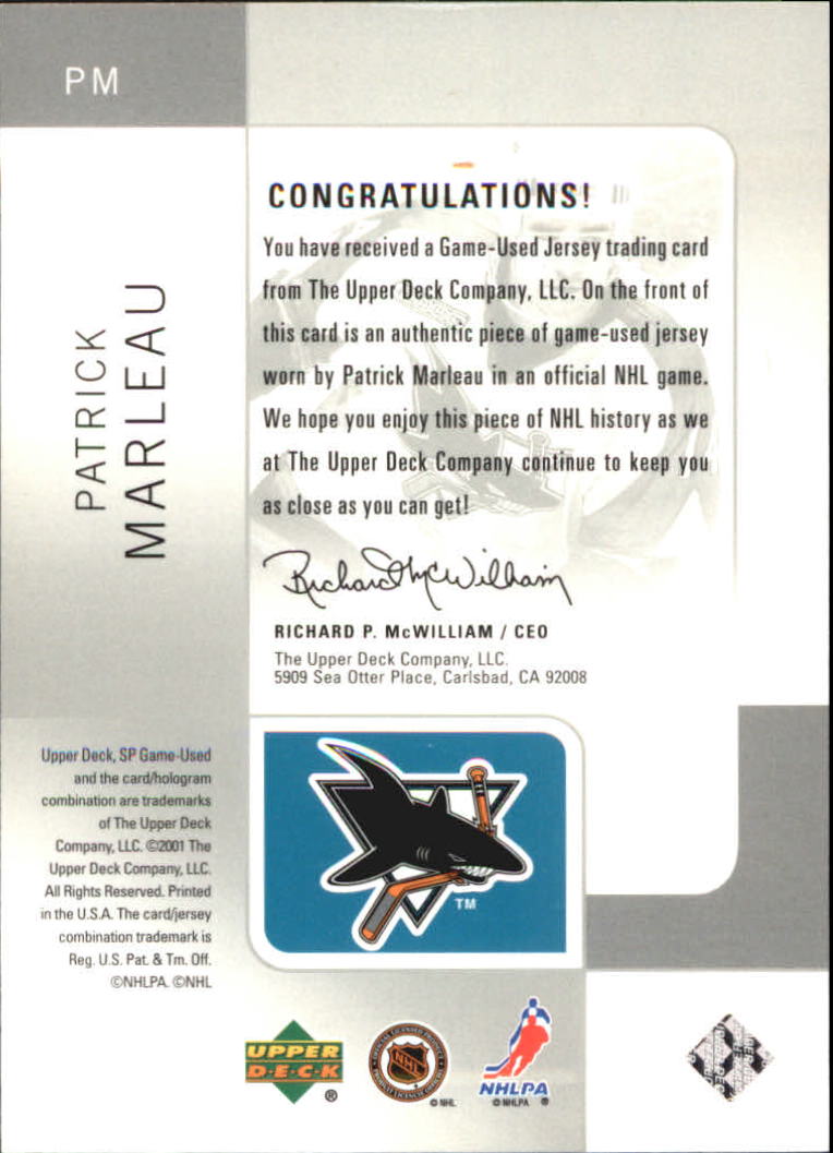 2000-01 SP Game Used Tools of the Game #PM Patrick Marleau back image