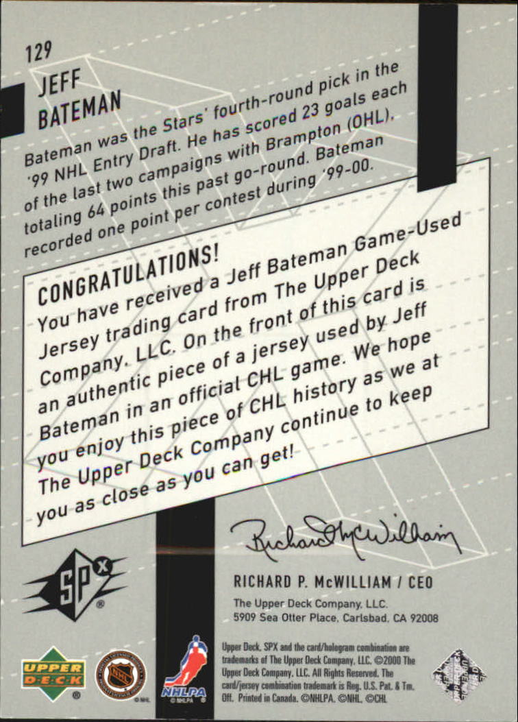 2000-01 SPx #129 Jeff Bateman JSY RC back image