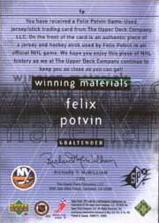 2000-01 SPx Winning Materials #FP Felix Potvin back image